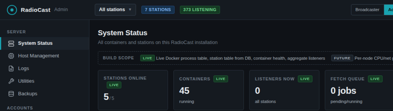RadioCast system status showing stations online and stream engine health
