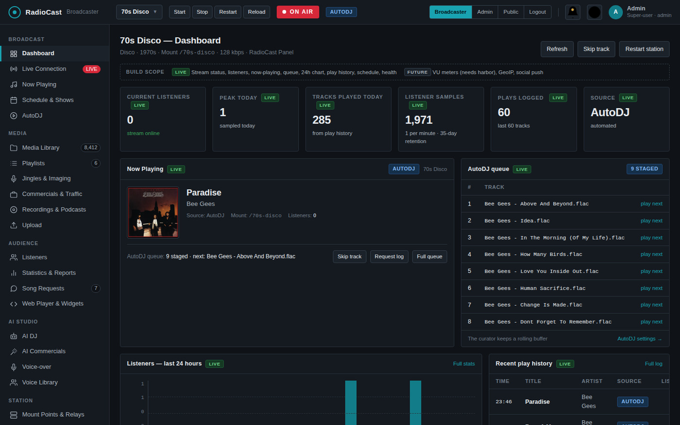RadioCast broadcaster dashboard showing now playing, AutoDJ queue and listener statistics